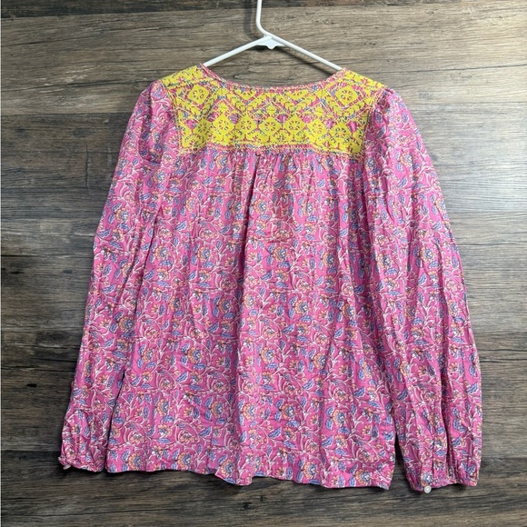 J. Crew Pink and Yellow Blouse with Flutter Sleeves and Tie Front - Picture 2 of 4